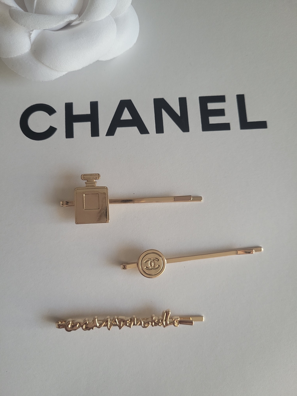 CHANEL Gold Tone Logo & Perfume Bottle Hair Pin Trio